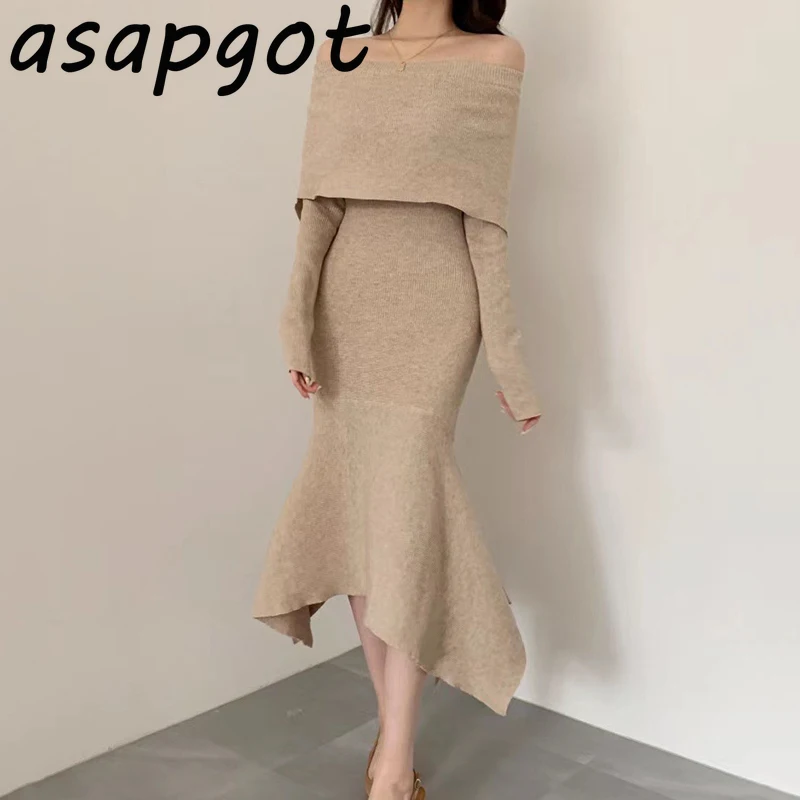 Asapgot шикарное корейское женское платье с воротником-лодочкой хаки вязаное