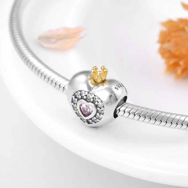 Подвески из серебра 925 пробы розовые бусины в форме сердца принцессы с фианитом