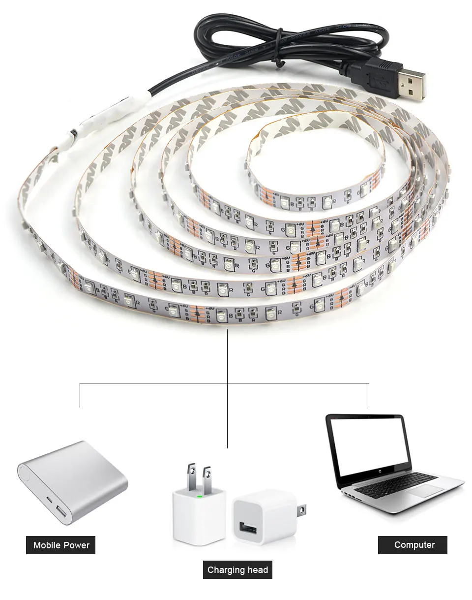 5 в 50 см, 1 м, 2 м, 3 м, 4 м, 5 м, USB кабель, силовой светодиодный светильник SMD 3528, Рождественская настольная декоративная лампа, лента для телевизора, фоновый светильник ing