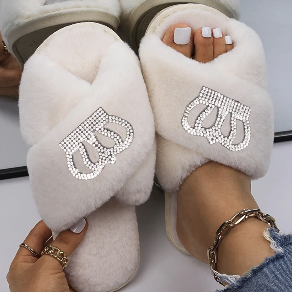 Women's Slippers Rhinestone Silver Crown Fluffy Faux Fur Slides Flat Sandals Custom Winter Slippers Flip Flops Designer Shoes