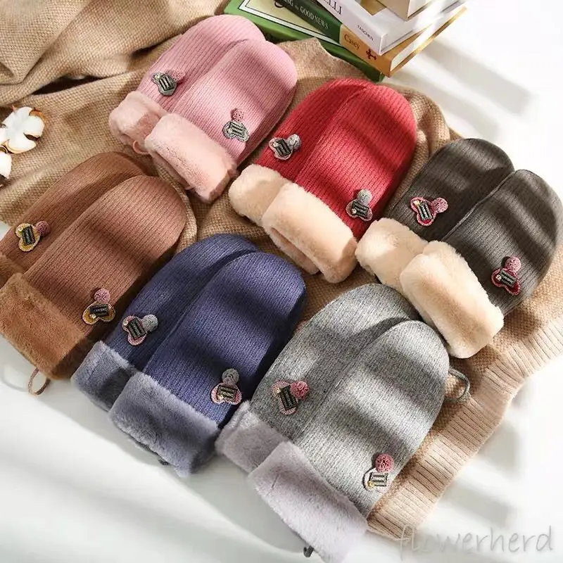 Зимние женские бархатные толстые теплые милые студенческие перчатки Ins с сердцем