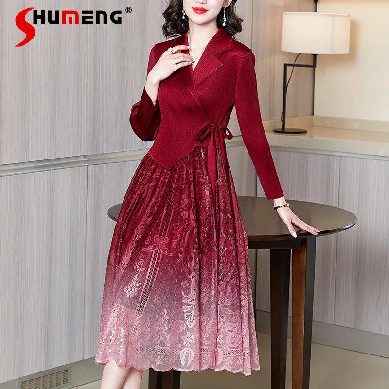 

Elegant Red Gradient Lace Midi Suit Dress for Women 2021 Spring Vintage Nine Points Sleeve Notched Collar Mid-Calf Ladies Dress