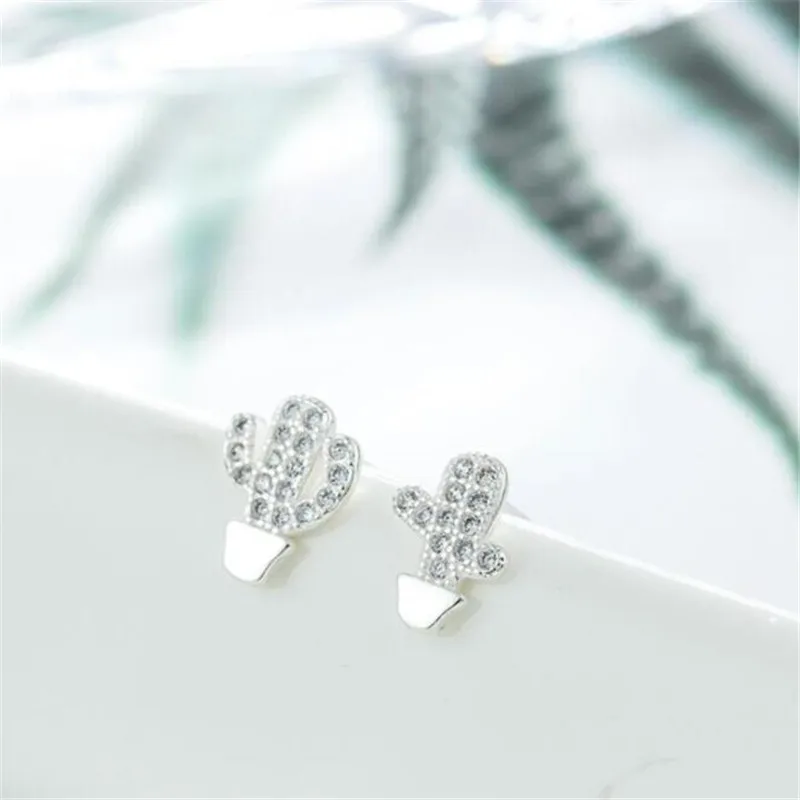 

New 2022 Creative Earring 925 Sterling Silver Asymmetry Cactus Zircon Stud Earrings For Women Girl Prevent Allergy E028