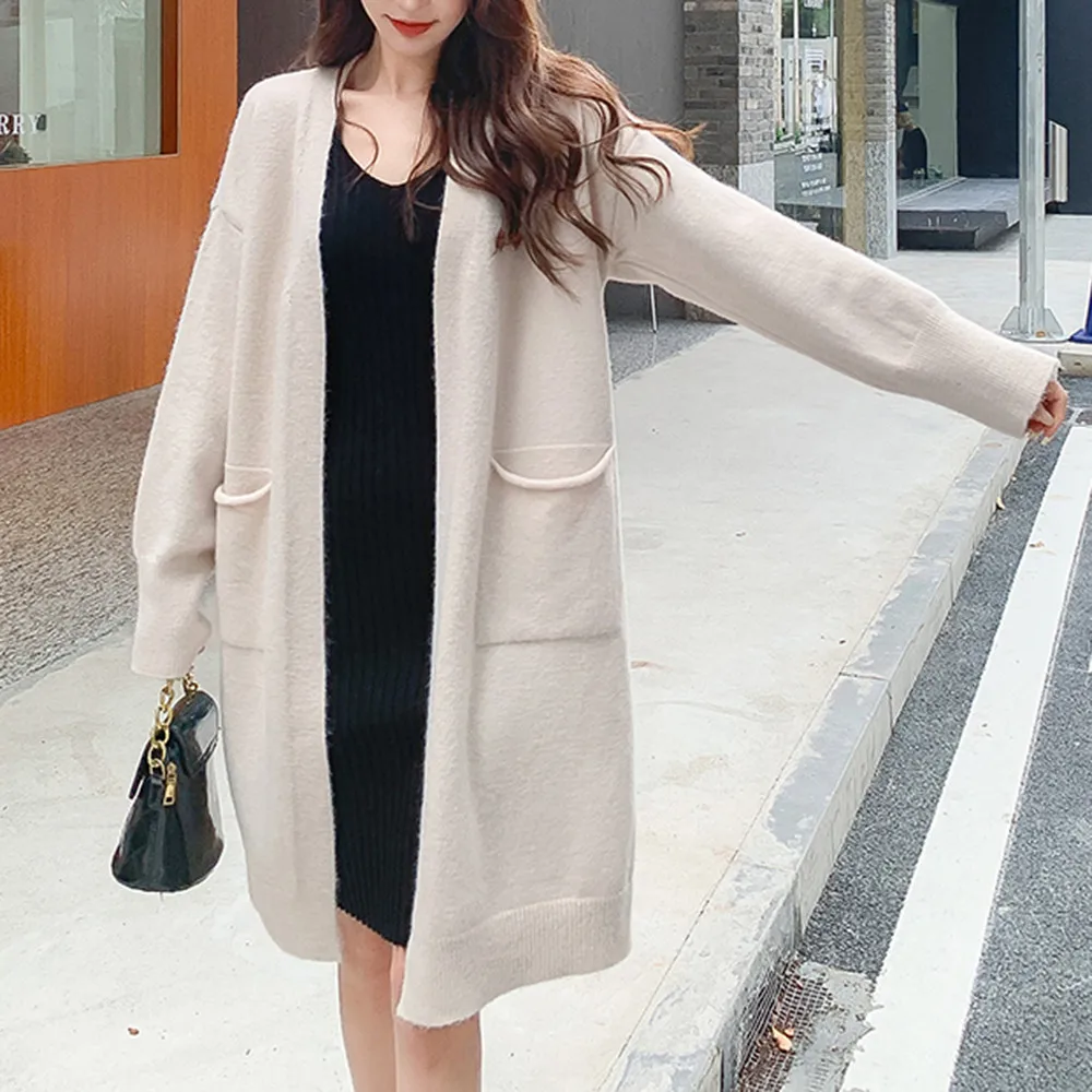 

Женский трикотажный кардиган средней длины, повседневный однотонный теплый кардиган с длинным рукавом, Осень-зима 2021