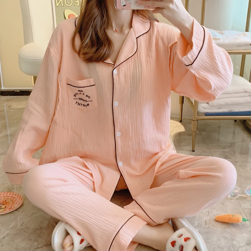 

New double gauze pregnant women pajamas confinement clothing postpartum lactation spring and autumn home service suit