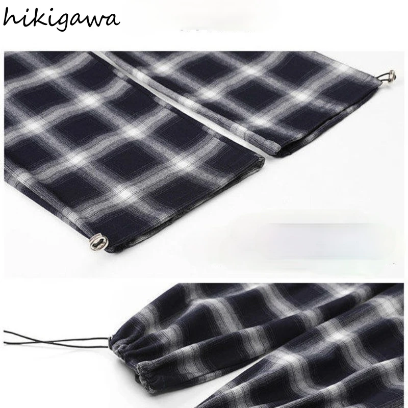 

Hikigawa Pant Women Casual Harajuku Loose Joggers High Elastic Waist Pantalon Femme Straight Plaid Fashion Mujer Pantalones 2021