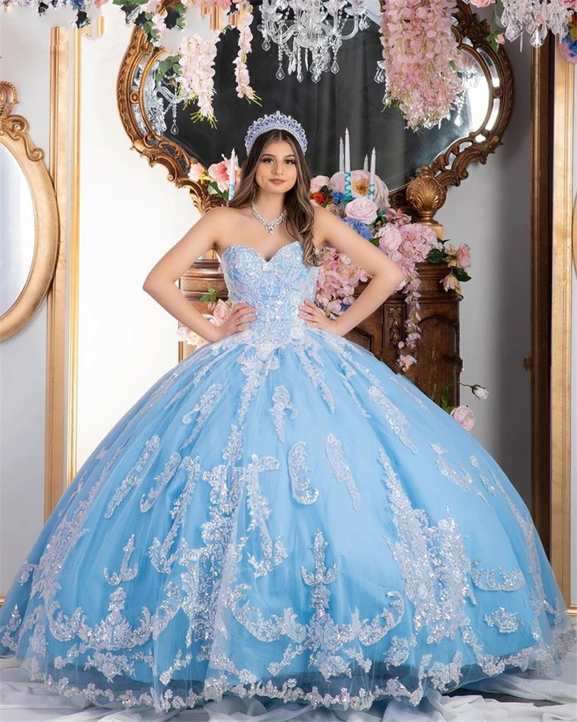 

Sky Blue Ball Gown Quinceanera Dresses 2022 Sequin Applique Beaded Sweet 15 16 Dress vestidos de xv años anos
