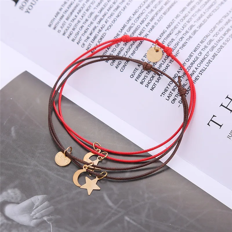 Htzzy Summer Beach Stars Moon Charm Rope Anklets for Women Handmade Adjustable Chain Barefoot Sandals Jewelry Ankle Bracelet 2PC