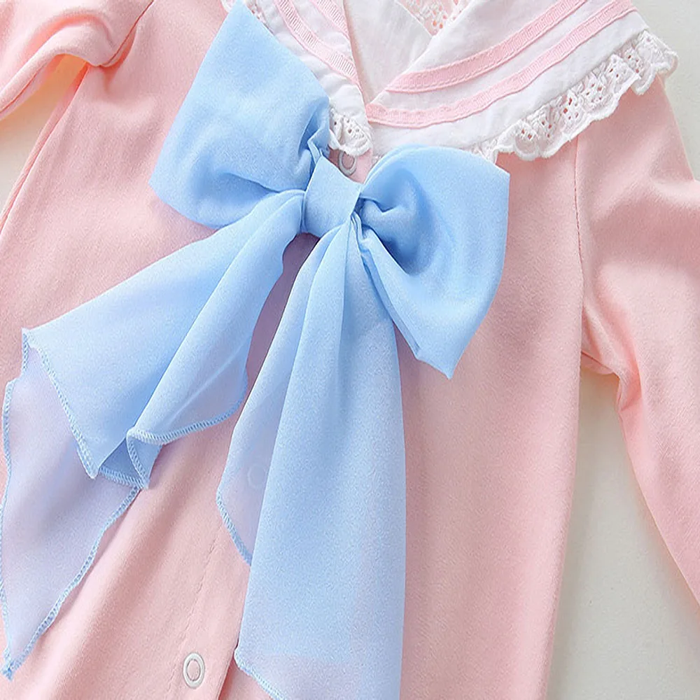 

2 Colors Spring and Autumn Newborn Baby Romper Girls Pure Cotton Long-Sleeved Navy Jumpsuit Cute Big Bow Clothes
