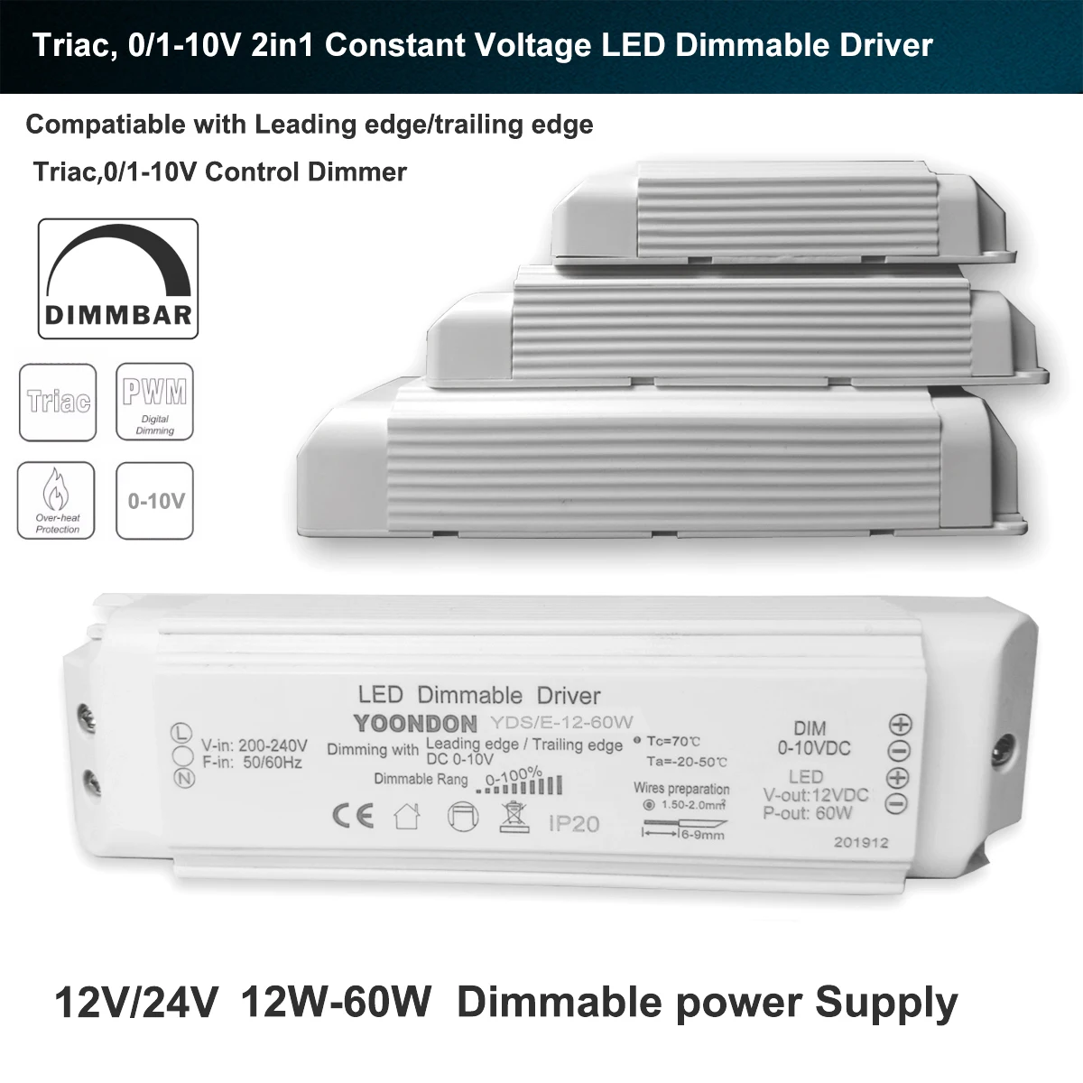 

AC 220V Constant Voltage LED Dimmable Driver DC 12V 24V 20W 40W 60W Triac & 0-10V Dimming 2in1 Power Supply Lighting Transformer