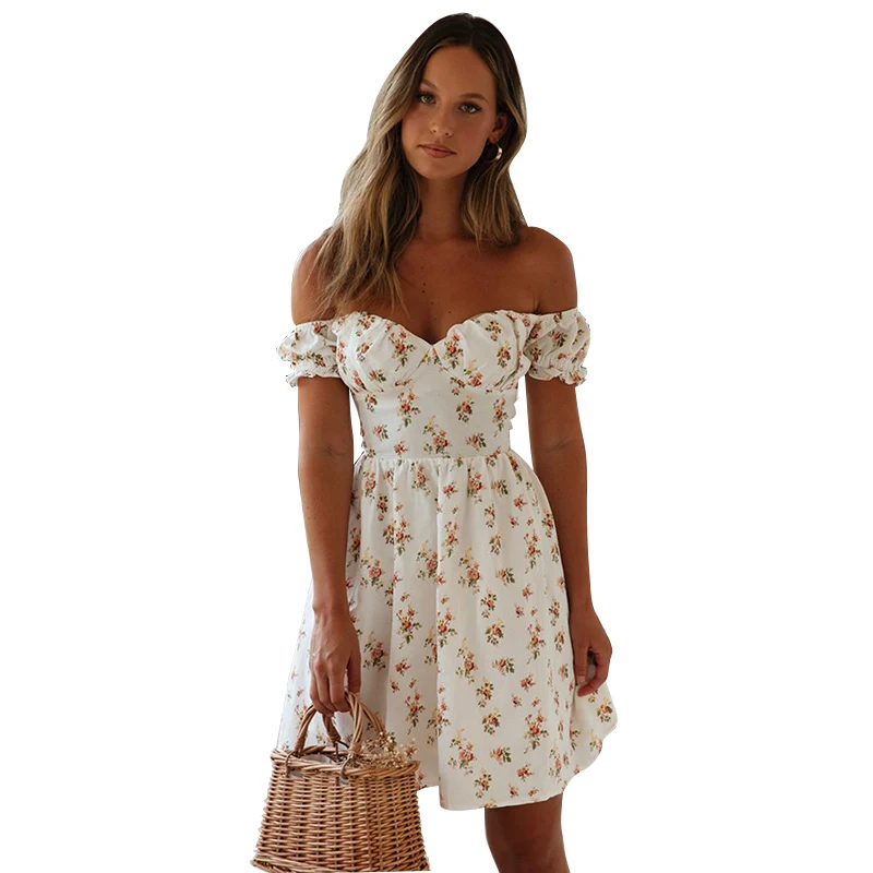 Женское платье с открытыми плечами летние пляжные Мини Платья цветочным принтом