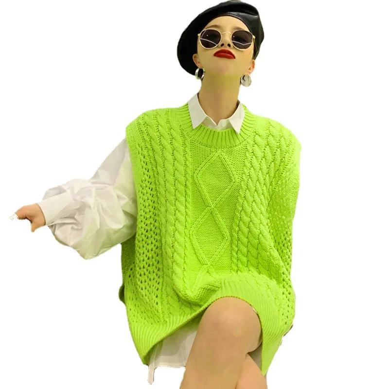 Autumn 2021 New Knitted Sweater Female Loose Vest Oversize Sleeveless Solid Color Korean Fashion Female Waistcoat Neon Chic Top