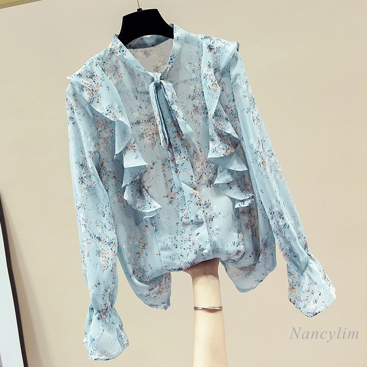 

Ruffled Floral Chiffon Blouse for Women Long Sleeve Temperament Ladies Bow Collar All-Match Tops Blusas Nancylim