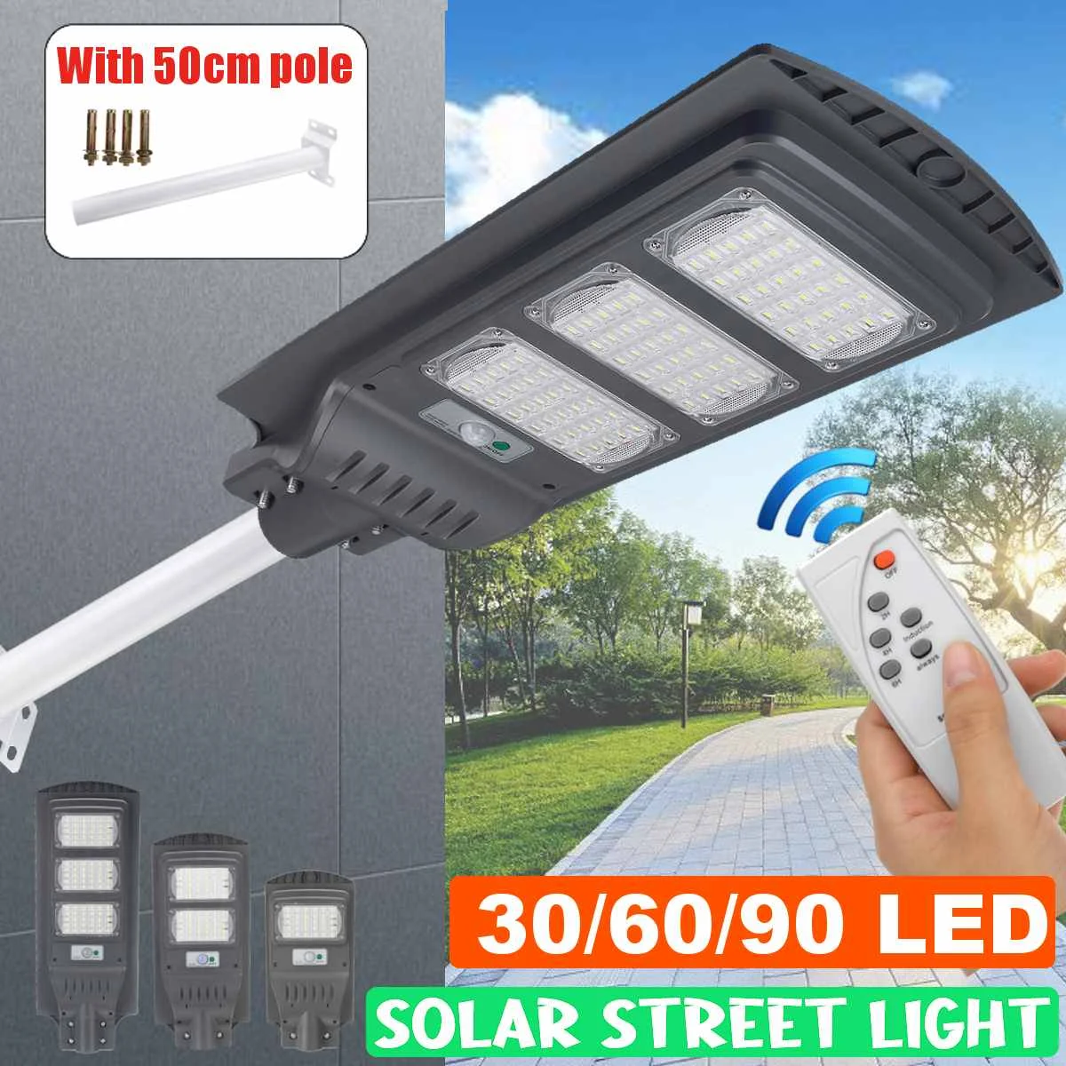 

120W 90 LED Solar Street Lights with 50cm Pole 10000LM Wall Lamp PIR Motion Sensor Security Lamp for Outdoor Garden Plaza