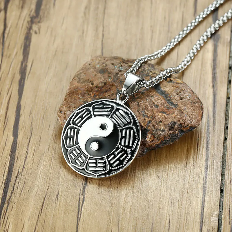 Classic Stainless Steel Epoxy Chinese Style Yin Yang Circle Metal Tag Pendant Necklace Tai Chi Bagua Jewelry | Украшения и