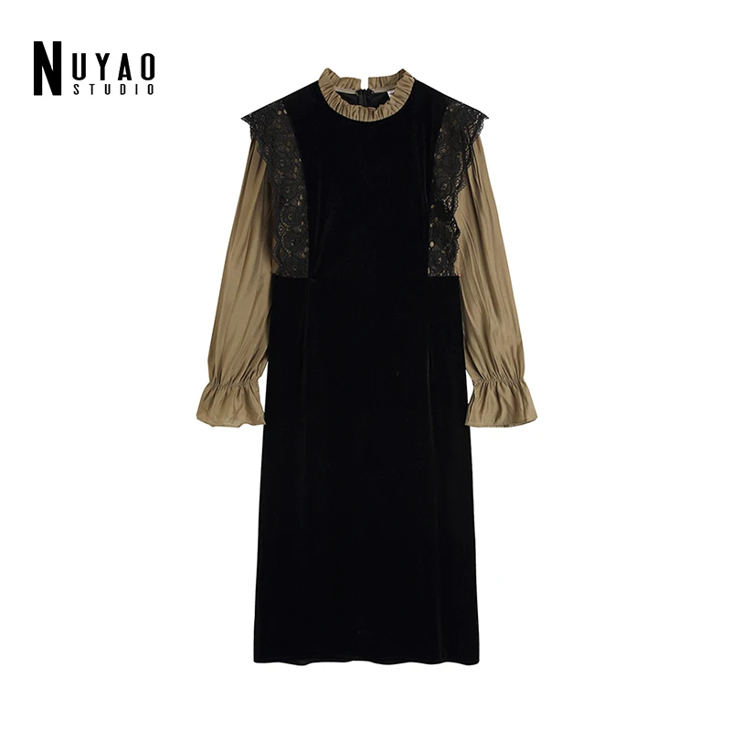 

Женское кружевное осеннее Повседневное платье с длинным рукавом, дизайнерские винтажные платья с высокой талией, элегантные женские плать...