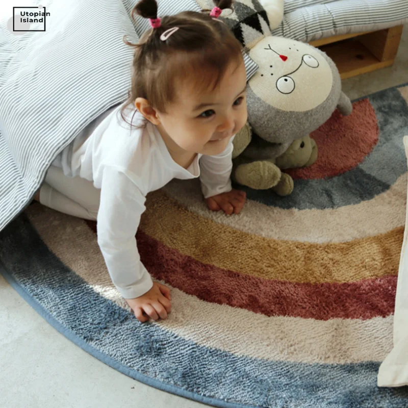 Плюшевый ковер для современной гостиной, детский коврик радуга, пушистая полуокружность красного цвета, меховой коврик для детей.