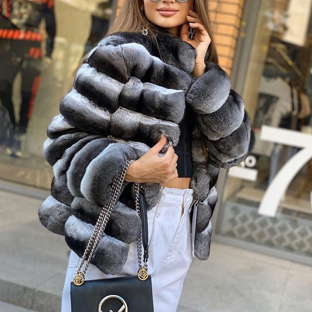 Natural Women Real Rex Rabbit Fur Jacket Stand Collar High Quality Winter Fashion Genuine Full Pelt Rex Rabbit Fur Coats Outwear