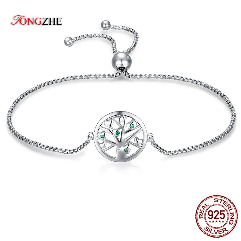 

TONGZHE 100% 925 Sterling Silver Bracelets Heart Tree of Life Charm Green Crystal Bracelet Adjustable Fine Jewelry Women Gift
