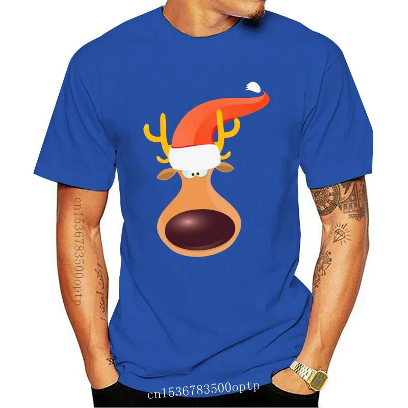 

New Big Nose Reindeer Face & Antlers Wears Santa Hat Christmas Mens T-Shirt Oversized Tee Shirt
