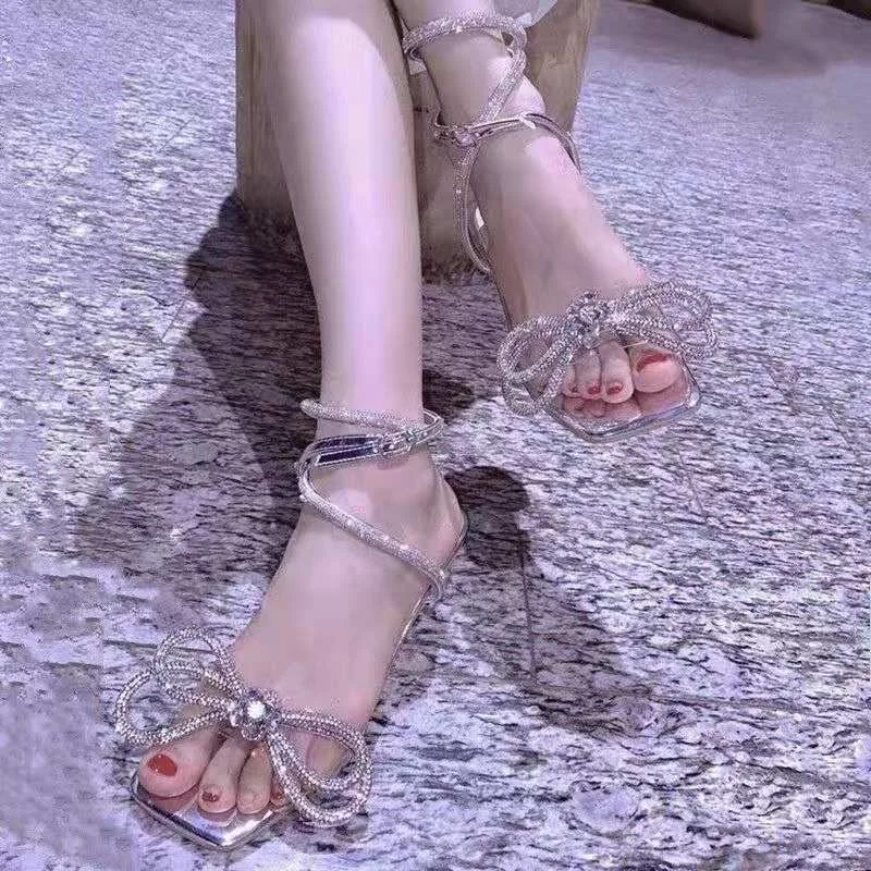 

2021 Summer Fashion Women Silver High-heeled Sandals Rhinestone Square Toe Bowtie Women Shoes