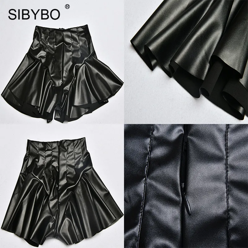 Женские юбки из искусственной кожи SIBYBO с оборками высокой талией трапециевидная