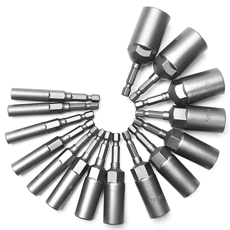 

15 Pcs 80Mm Length Deepen Power Nut Driver Drill Bit Set 5-19Mm Impact Socket Adapter for Power Tools 6.35Mm Hex Shank
