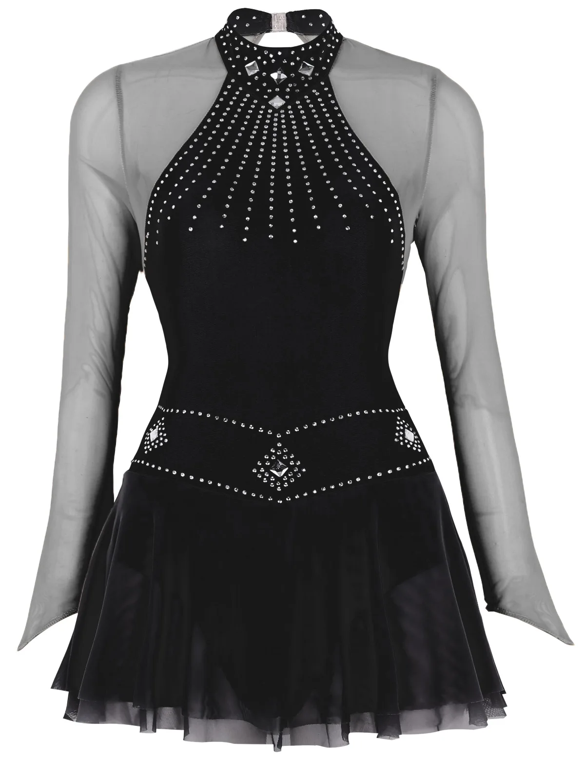 Adult Shiny Rhinestones Long Sleeve Mesh Splice Ballet Gymnastics Leotard Women Figure Skating Dress Competition Dance Costumes