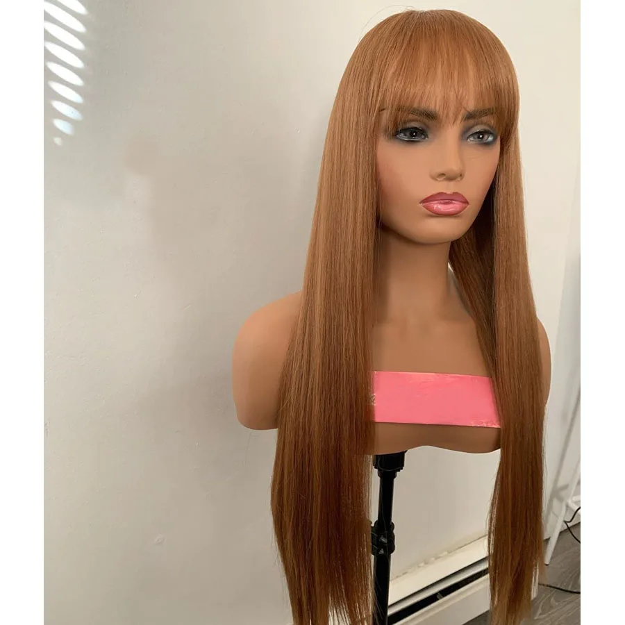 

Indian Silky Straight Golden Brown 13x6Lace Front Human Hair Wigs with Bangs 180Density Glueless Full Lace Fringe Wigs for Women