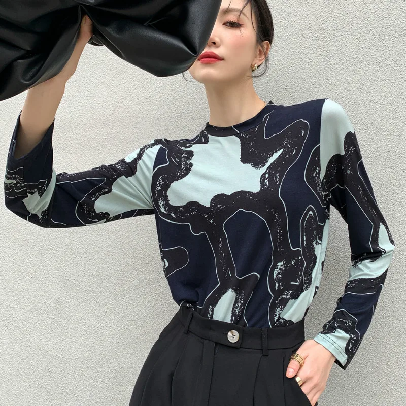 

Корейская одежда, Женская Базовая облегающая футболка с длинным рукавом и геометрическим рисунком, весна-зима 2021, женская одежда в эстетиче...