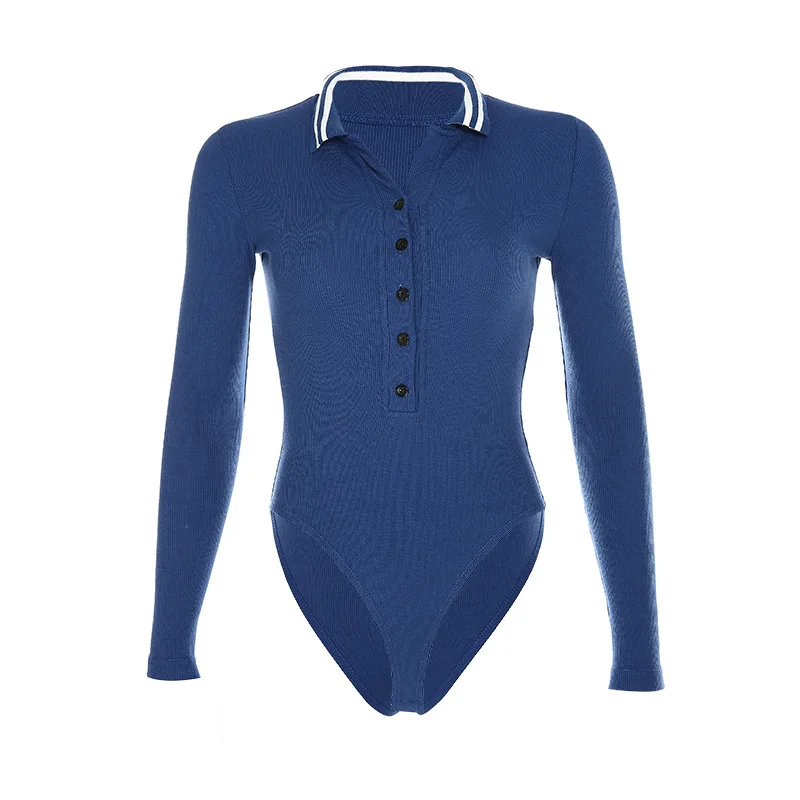 

Summer Romper Womens Jumpsuit Single Breasted Lapel Self Cultivation Long Sleeve Sexy Elastic Force Bodysuit