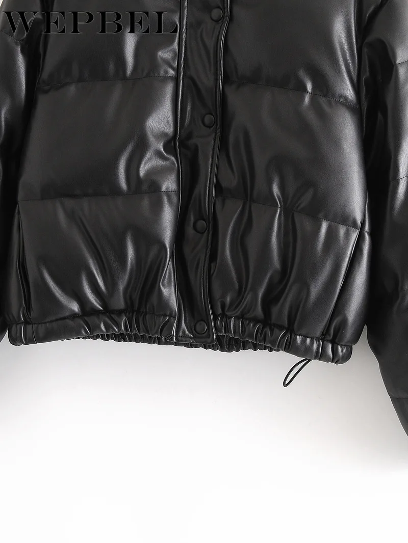 

WEPBEL Winter Thick Warm Short Parkas Women Fashion Black PU Leather Coats Women Elegant Zipper Cotton Jackets