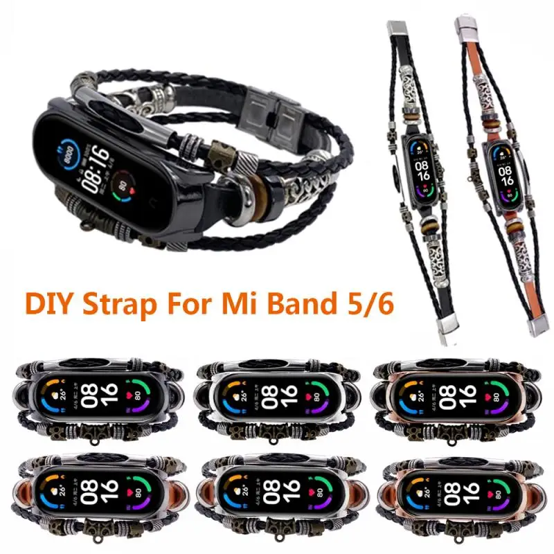

Fashion Retro Strap For Mi Band 5 6 Strap Wristband watch Leather Straps Replacement Beading Bracelet Mi Band Weave Rope Band