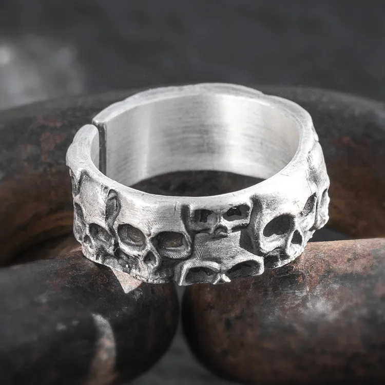 National Standard 999 Pure Silver Ring Men's Trendy Open Skull Finger Ring