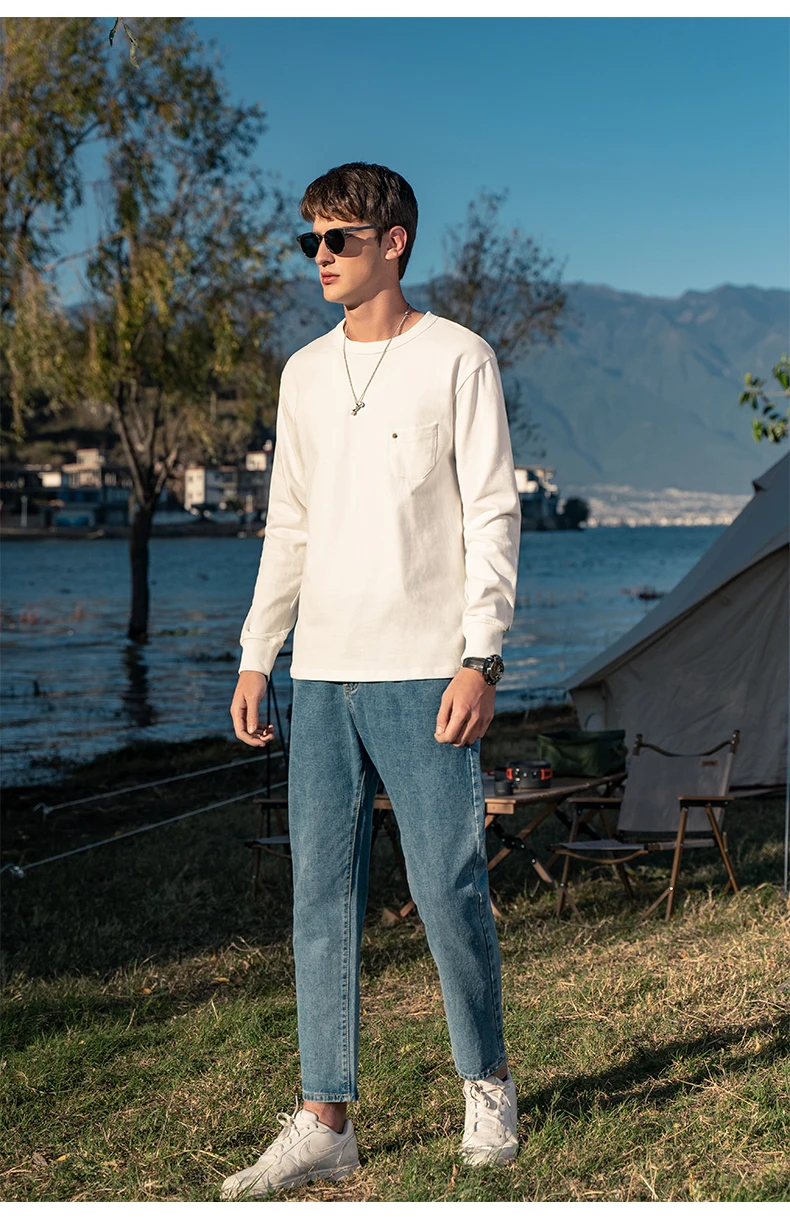 

YTX1695 Spring Heavy Washed Retro Men's Cotton Long Sleeve T-shirt Simple Pocket