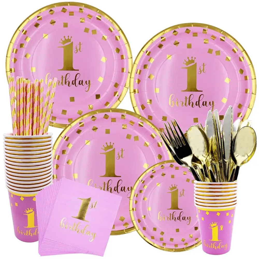 

Taoup 1st 1 Set Year Birthday Party Decors Kids Child Baby Shower Boys Girls Happy Birthday Disposable Party Tableware Supplies