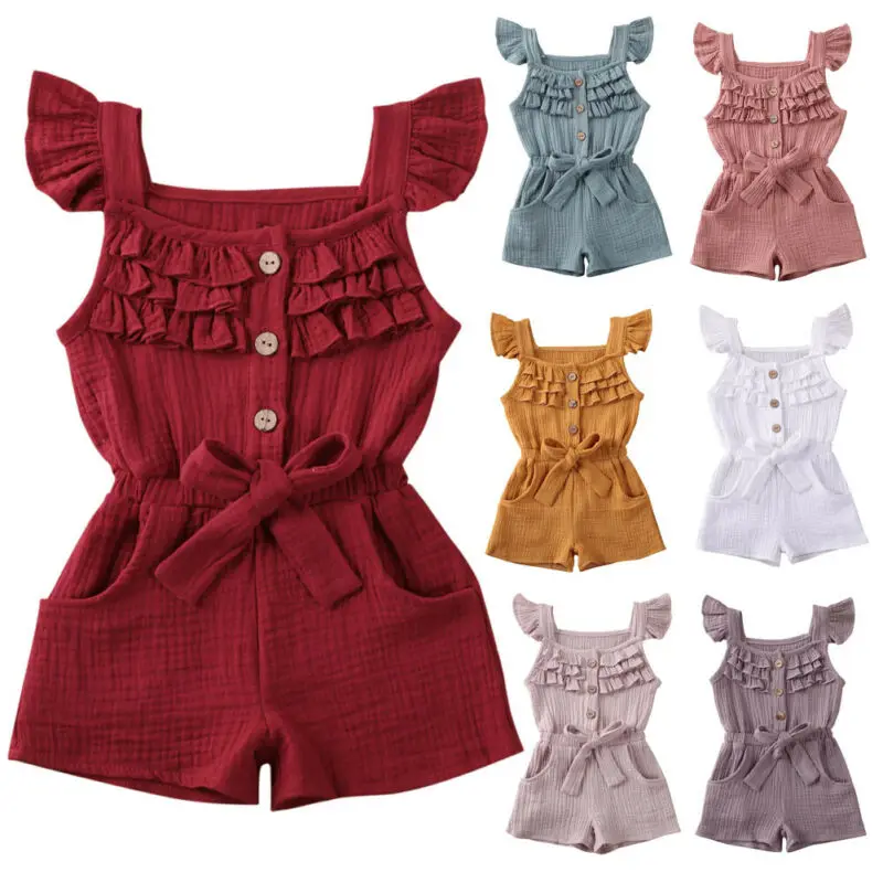 1-5Y Summer Newborn Kids Boys Girls Ruffle Romper Jumpsuit Cotton Linen One-Piece Outfits Playsuit Sunsuit