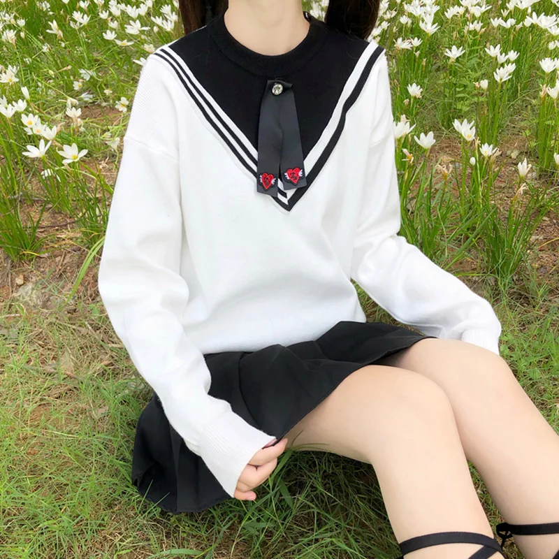 

Women'S Knit Korean Sweater Autumn Winter Knitting Pullover Preppy Style O-Neck Bow Long Sleeve Bow Stitching Blue White Sweater