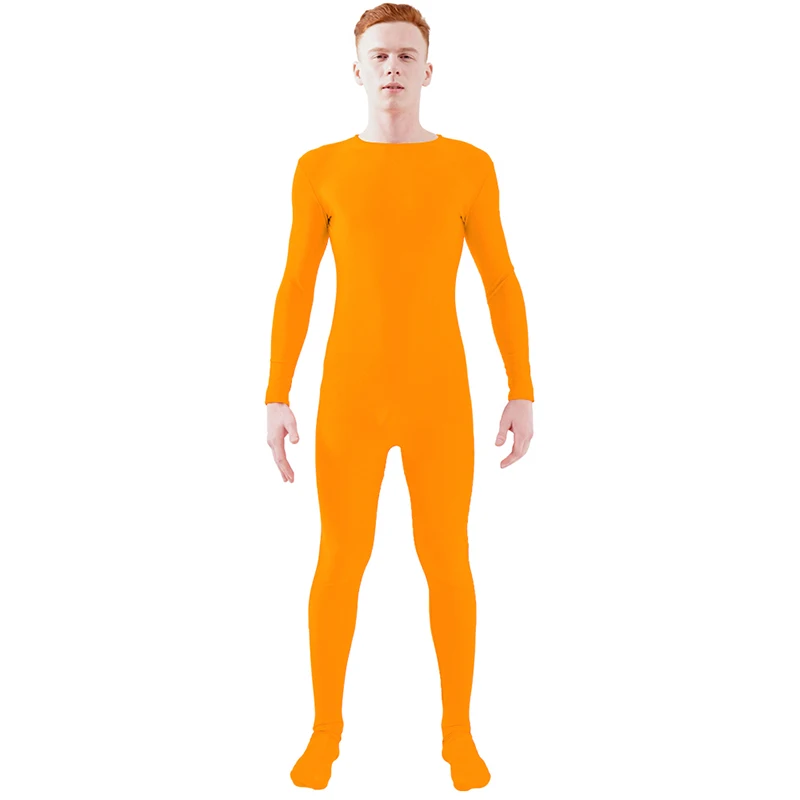 Orange Ensnovo, блестящий комбинезон на молнии, Zentai, колготки для всего тела для мужчин, боди на заказ, костюм из цельного спандекса с длинным рукавом - Цвет: Orange