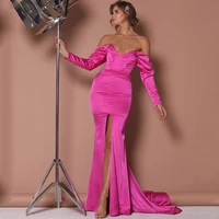 thinyfull sexy prom cocktail dresses hot pink off shoulder satin front split evening dress long sleeve mermaid party night gowns