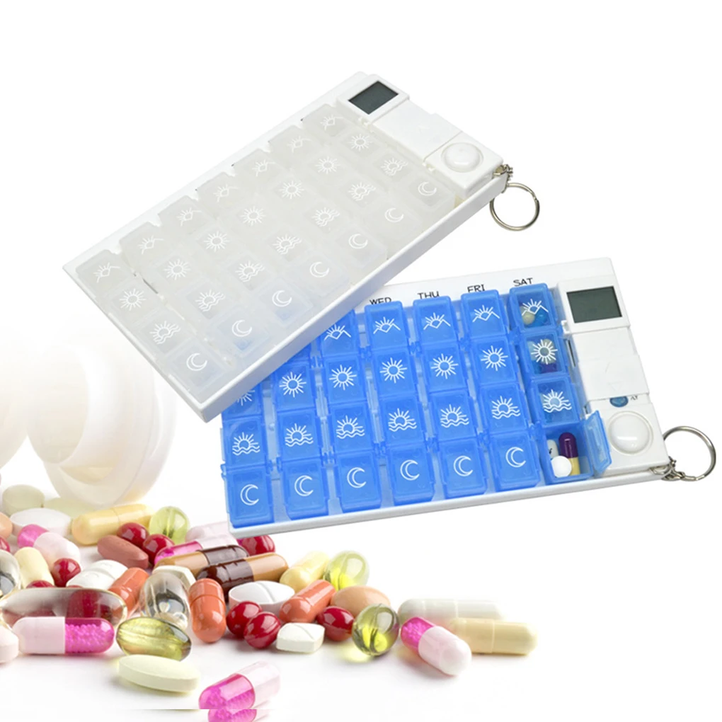 

7-day pillbox for medicine, organizer with LED timer, reminder, 28 grids, weekly, pill dispenser, alarm clock