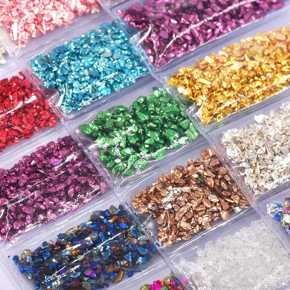 

1 Bag 6 Colors Crushed Glass Irregular Metallic Mini Chips Mixed Irregular Glitter Metallic Gravel Gem Stones For Nail Decor