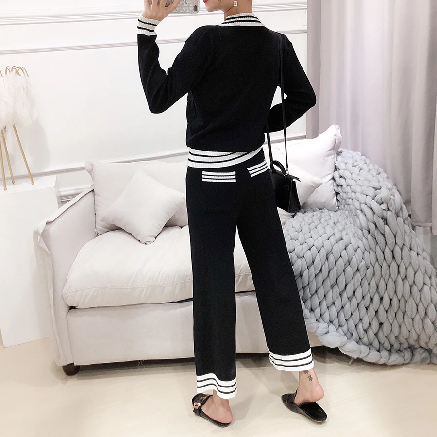 Трикотажный женский 2 шт. комплекты штанов 2019 осень-зима на пуговицах с v-образным