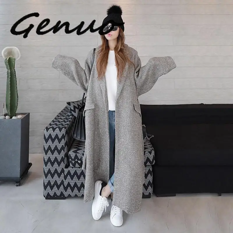 Genuo женские куртки с отворотом длинным рукавом свободные негабаритные черные на