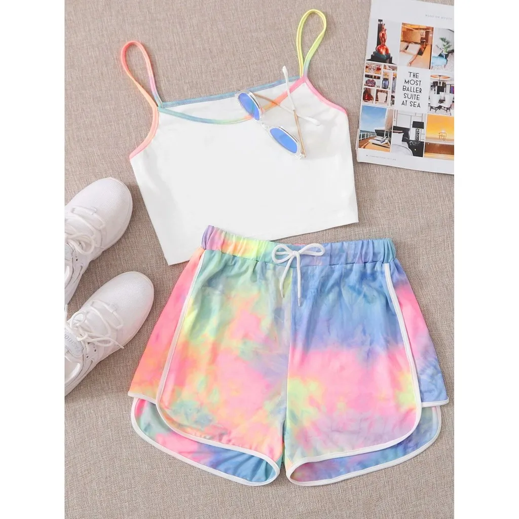 

Summer Womens Two-piece Sets Casual Sleeveless Strappy Tie-dye Printed Cami Crop Top And Short Home Sleepwear Clothes Suit#g3