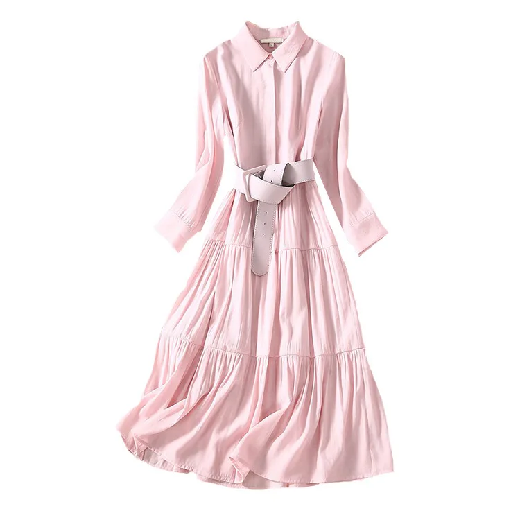 

Spring 2020 new star Song Yi and long sleeve shirt collar pink dress brim collect waist pleated