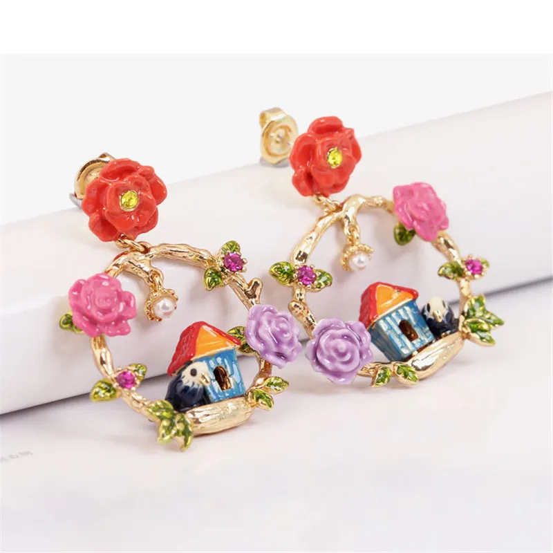 

Ethnic Bird House Piercing Dangle Drop Earring For Women Flower Boho Vintage Jewelry Enamel Dripping Process Oorbellen