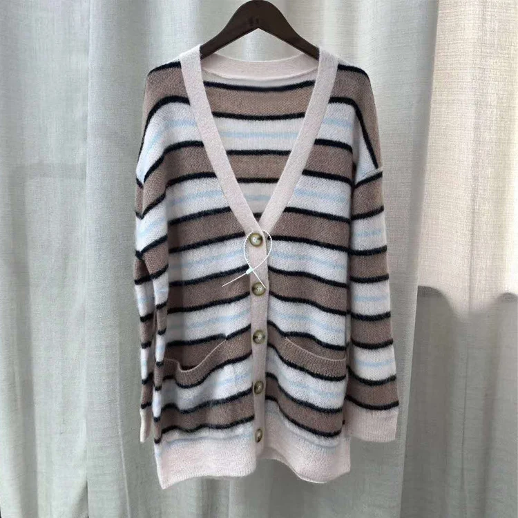 

Women Mohair Knitted Cardigan Lady Multicolor Striped Long Sleeve Sweater Coat Female Loose Knitwear Outwear Top 2021 New