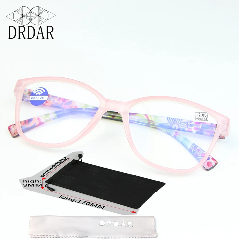 Купи DRDAR Women's Reading Glasses 17245 Fashion Cute Pink Blue Anti-Blue Light Convex Lens Play Mobile Phone Glasses With Lens Cloth за 237 рублей в магазине AliExpress