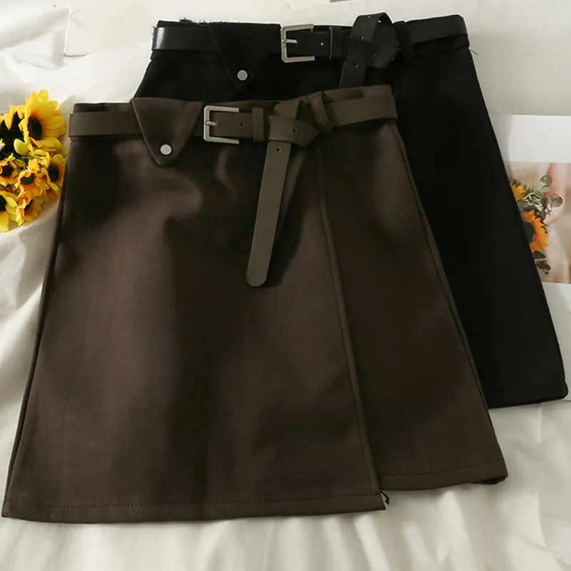 

Winter Women High Waist Mini Skirts Solid Sashes Asymmetrical Skirt Belt Korean Female Casual Slim Office Ladies Streetwear